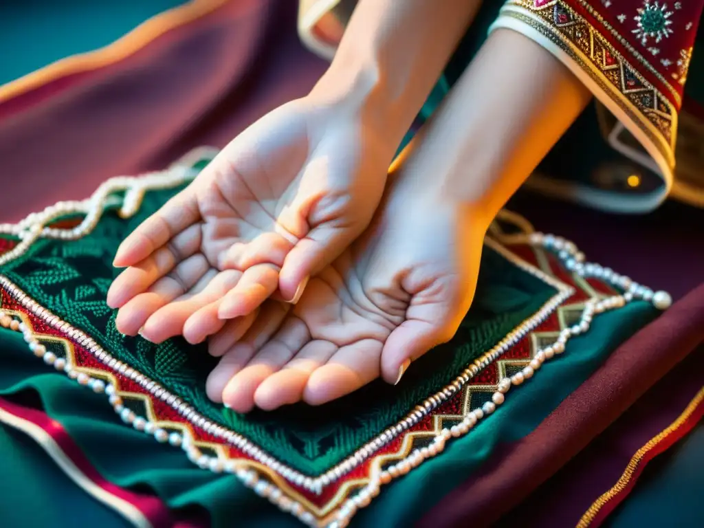 'Una persona sostiene un Misbaha sobre una alfombra de oración, creando una atmósfera serena y contemplativa