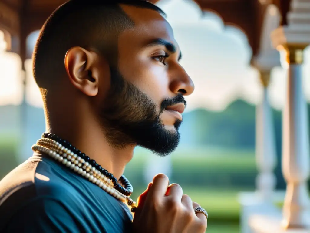 Persona en meditación sosteniendo un misbaha, con detalles visibles