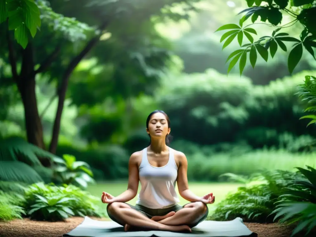 Persona meditando en la naturaleza, con expresión de tranquilidad