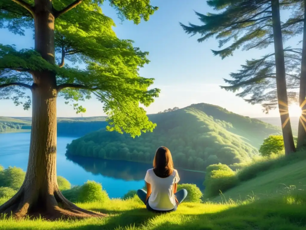 Persona en meditación en la naturaleza, rodeada de árboles y un lago, transmitiendo paz y desconexión tecnológica