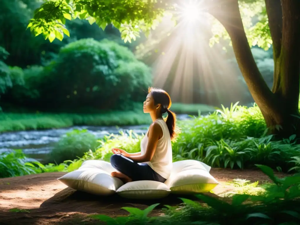 Persona meditando en la naturaleza, rodeada de vegetación exuberante