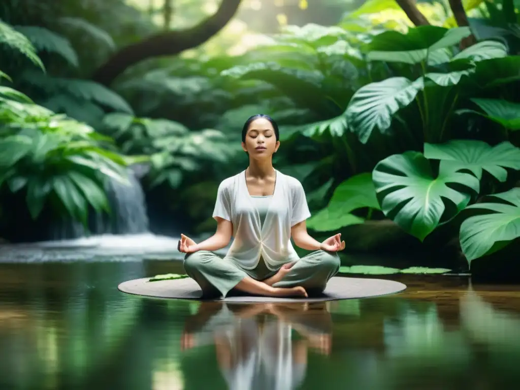 Persona meditando en la naturaleza, rodeada de vegetación exuberante y agua, transmitiendo paz y tranquilidad