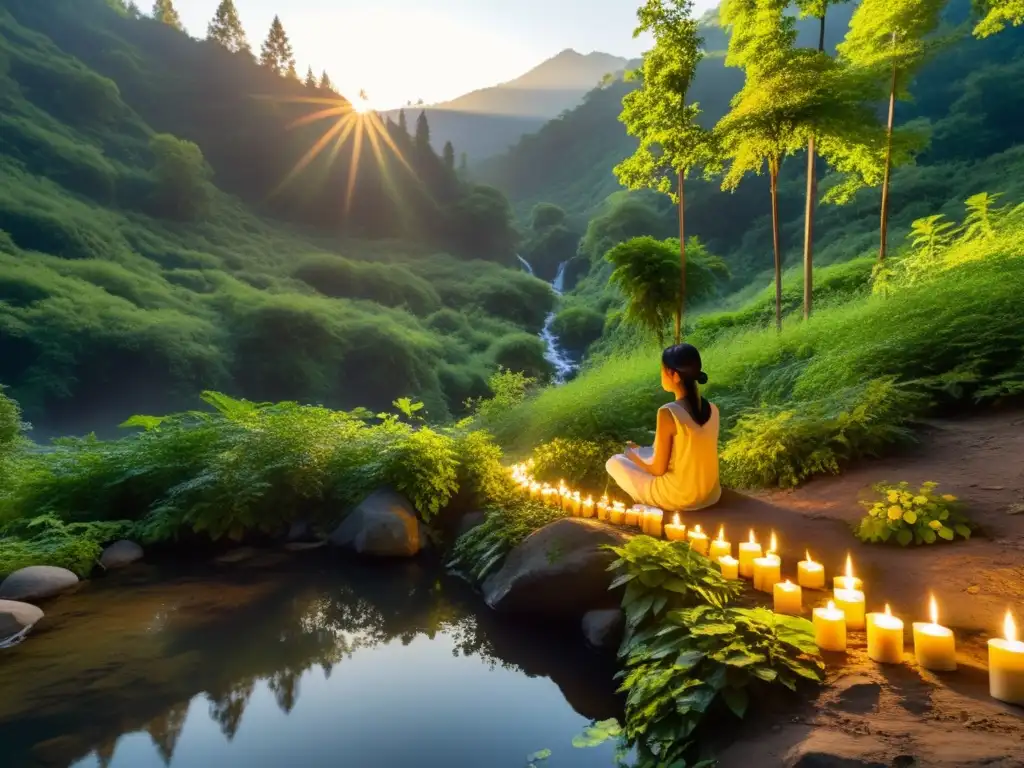 Persona meditando en la naturaleza, rodeada de velas e incienso