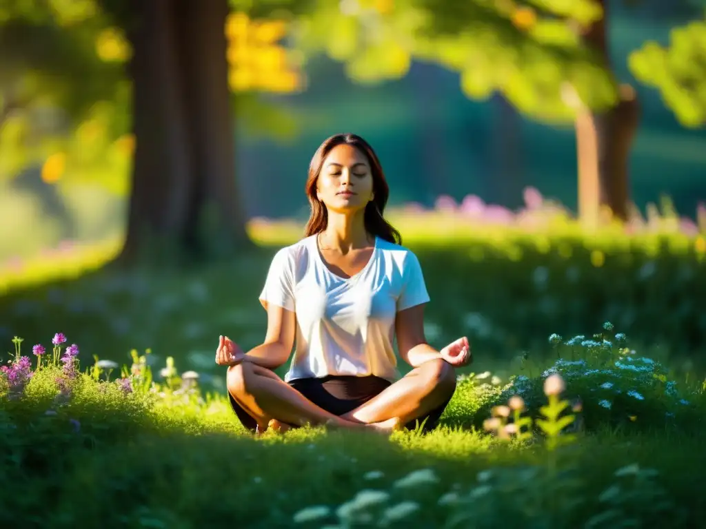 Persona meditando en la naturaleza, transmitiendo serenidad y bienestar emocional con rituales de manifestación