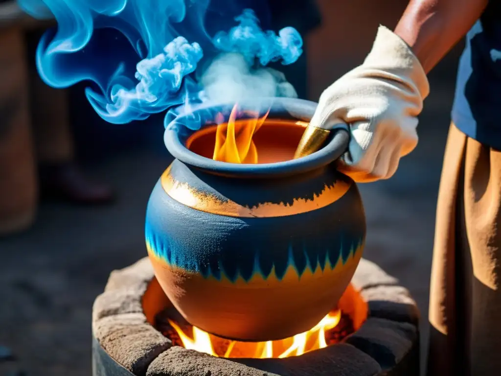 Una persona sostiene una olla de barro con queimada en llamas, en un ritual queimada gallega mal ojo, creando una escena misteriosa y cautivadora