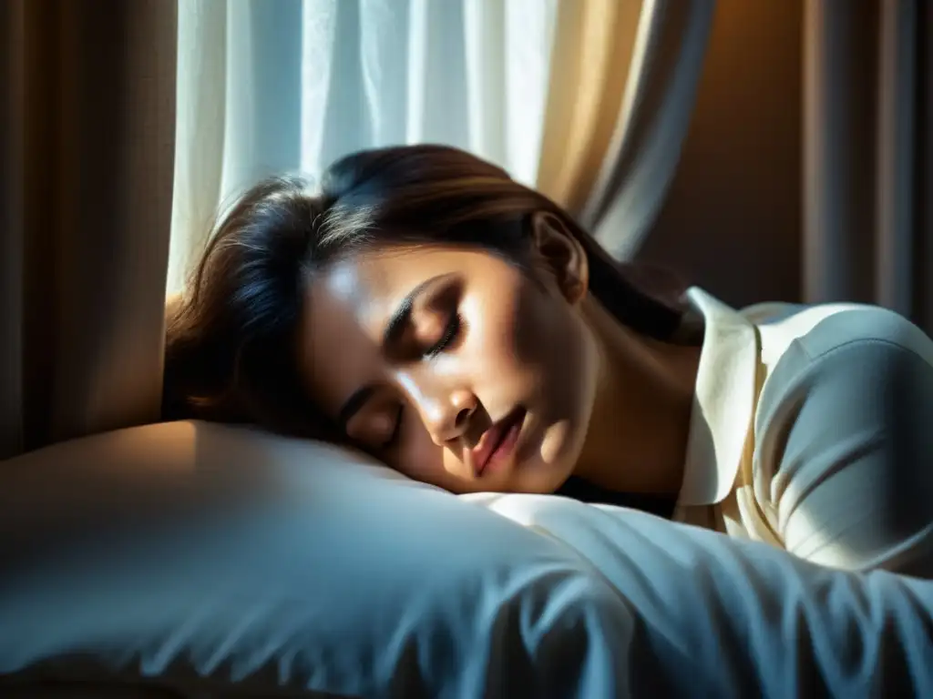 Persona durmiendo en paz en habitación tenue, con luz suave filtrándose por las cortinas