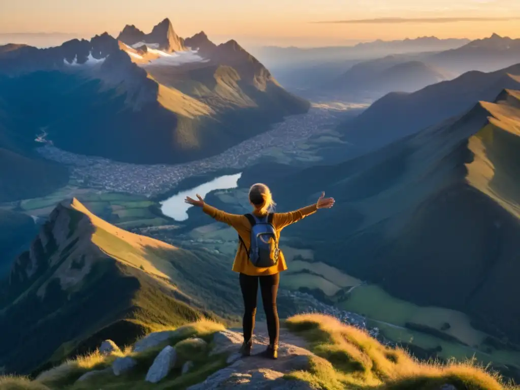 Una persona de pie en la cima de una montaña al atardecer, con los brazos abiertos y el rostro iluminado por la luz dorada del sol poniente, reflejando rituales personales de empoderamiento y conexión con la naturaleza