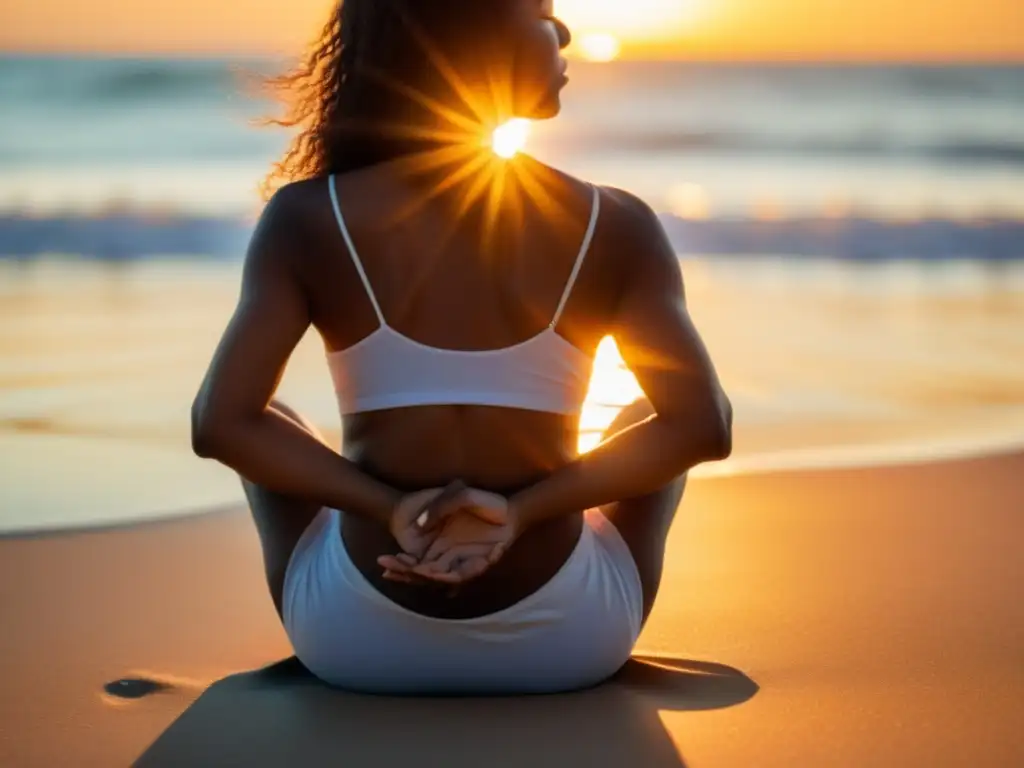 Persona en la playa al atardecer, irradiando paz y armonía espiritual con Apps para limpiar chakras energía