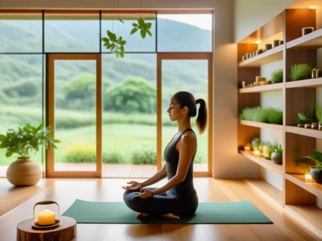 Persona en pose de yoga en estudio iluminado con vistas a la naturaleza, rodeada de productos ayurvédicos