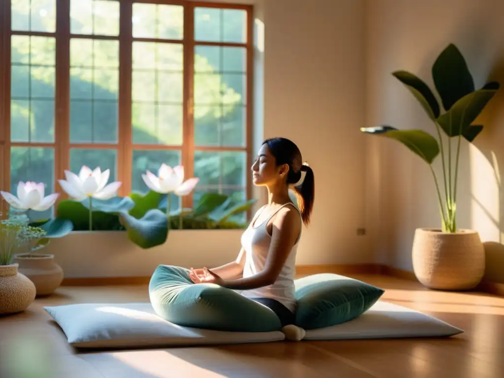 Persona en posición de loto en habitación iluminada con luz natural, reflejando paz interior y la práctica de la meditación guiada