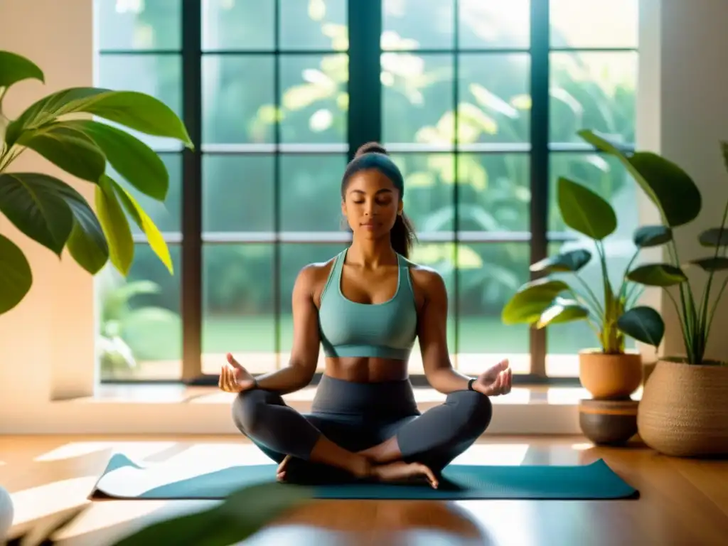 Una persona en postura cruzada en una esterilla de yoga, rodeada de plantas, usando una app de meditación en un ambiente luminoso y sereno