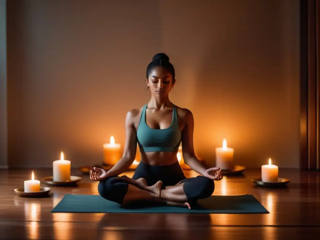 Persona en postura de yoga profunda, rodeada de velas y humo de incienso en un ambiente tranquilo