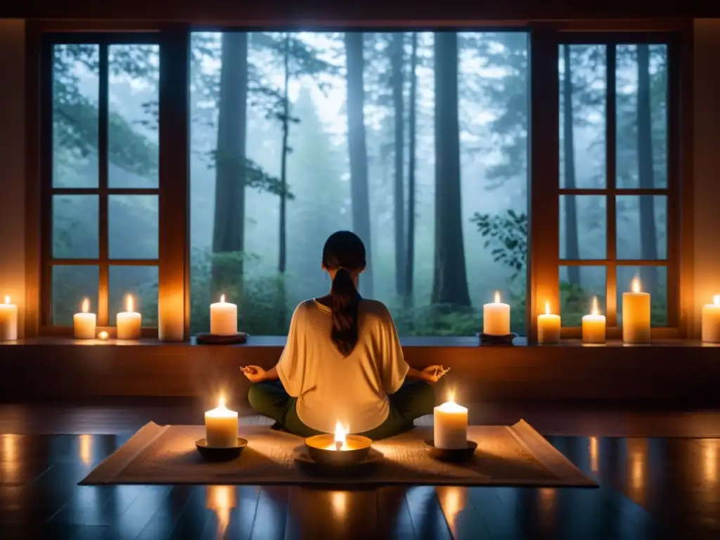 Persona en prácticas rituales de desapego emocional, meditando en una habitación serena, rodeada de velas y con vista a un bosque neblinoso