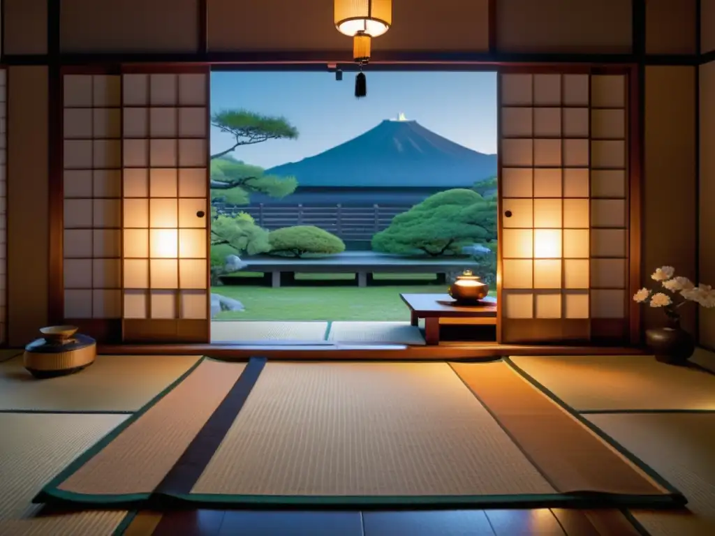 Persona realiza prácticas rituales sueño calidad descanso en habitación tatami japonesa iluminada por suave luz de linterna