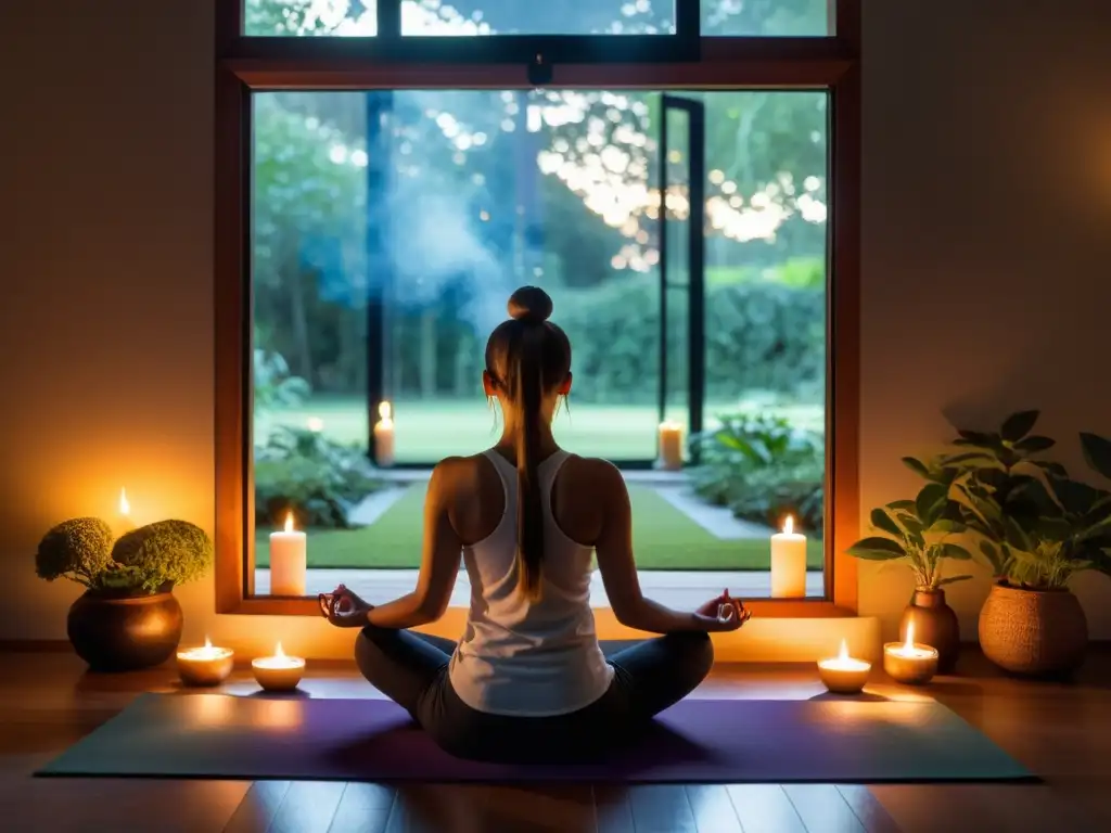 Persona en profunda meditación en habitación serena con velas encendidas y vista al jardín