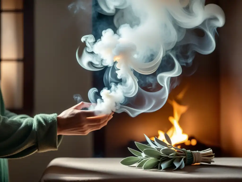 Persona realizando un ritual de protección con salvia blanca, generando humo en un ambiente sereno y místico