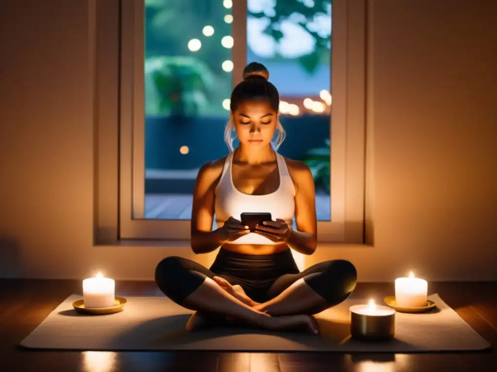 Persona en ritual de digital detox con velas, teléfono y paz