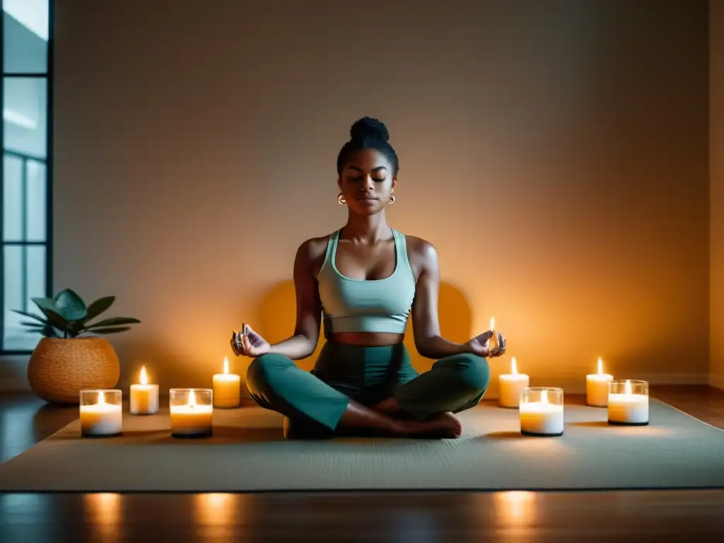 Persona realizando un ritual financiero en un ambiente sereno con velas encendidas