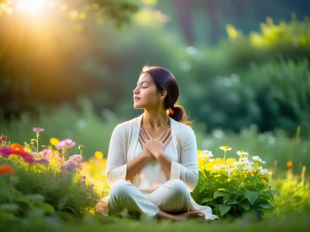 Persona en ritual de gratitud diario, rodeada de naturaleza serena, con los ojos cerrados y manos en el corazón