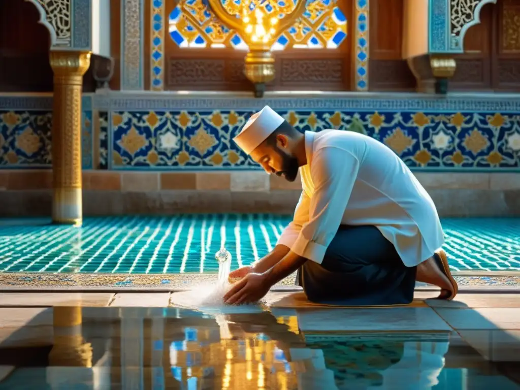 Persona realizando el ritual de Wudu en una hermosa mezquita, con detalles arquitectónicos y azulejos vibrantes