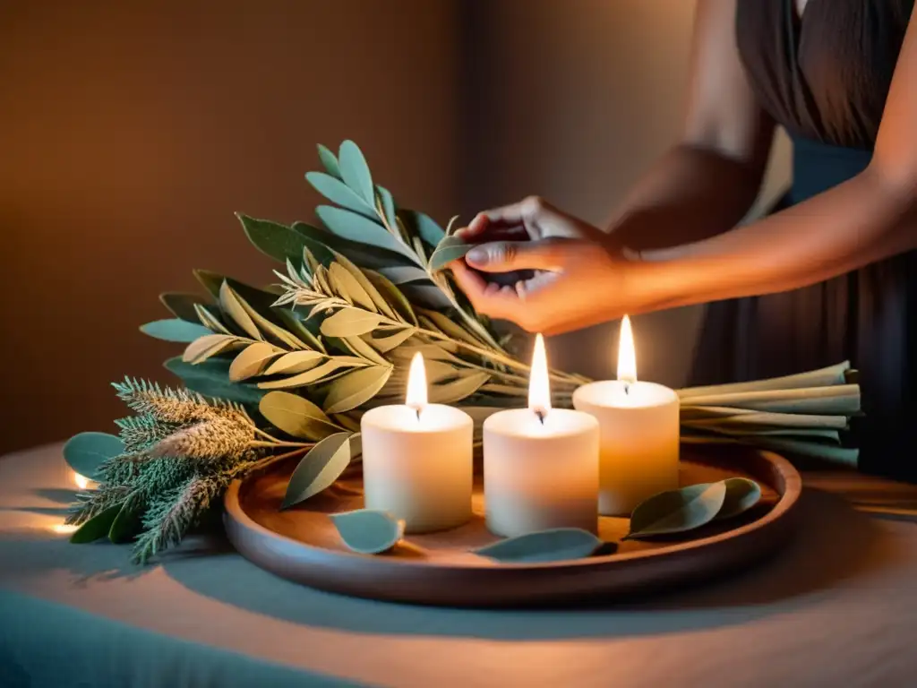 Persona en ritual mágico con velas, ojos cerrados y salvia