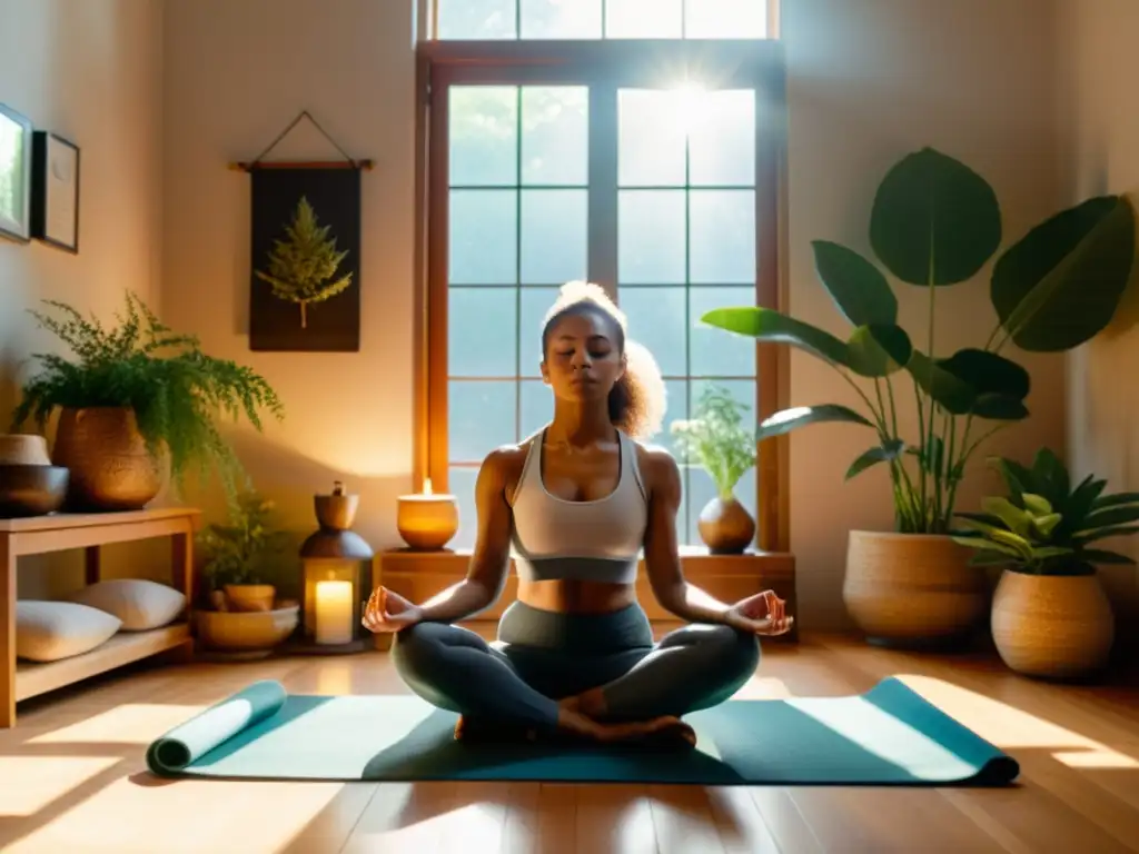 Persona en ritual matutino para potenciar día, sentada en yoga mat con taza de té, rodeada de elementos serenos en habitación iluminada