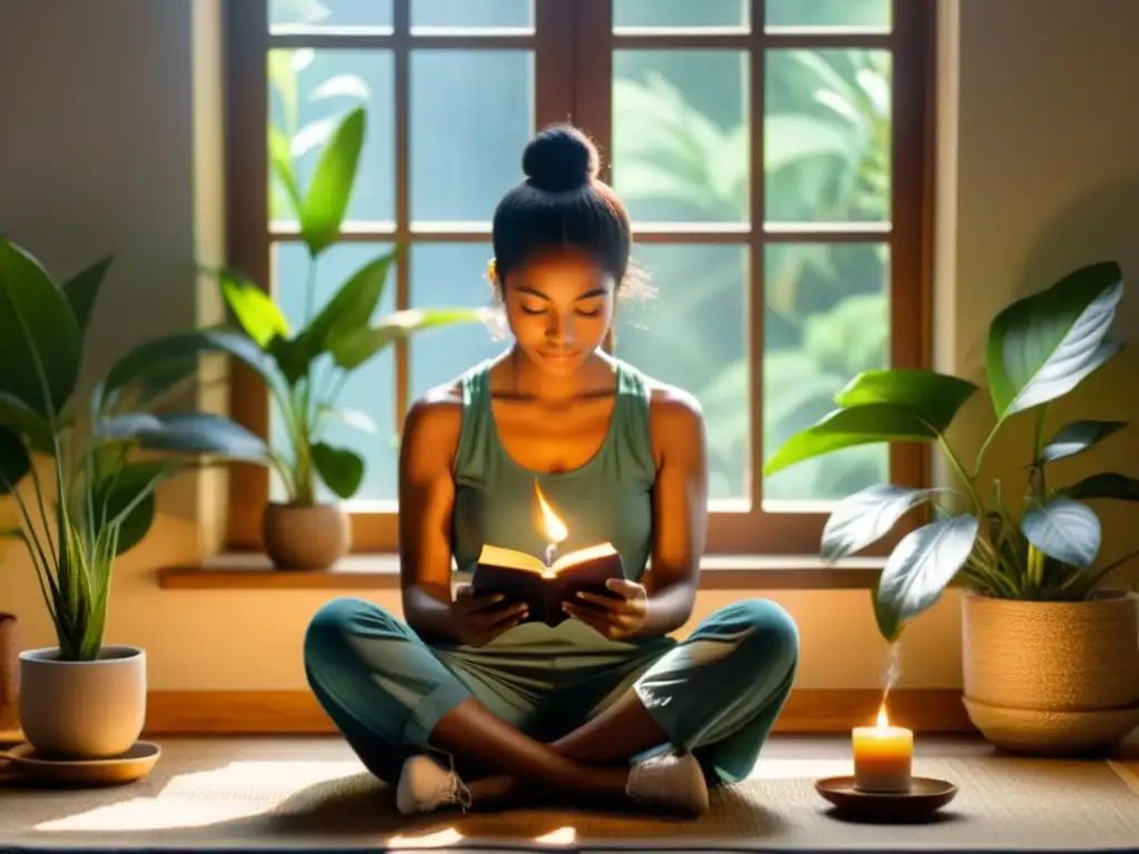 Persona realizando un ritual matutino en un espacio sereno con plantas y luz solar