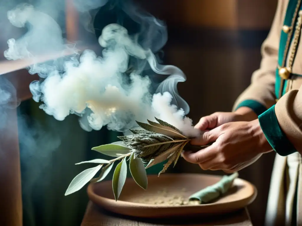 Persona realizando un ritual de purificación con salvia, plumas y humo