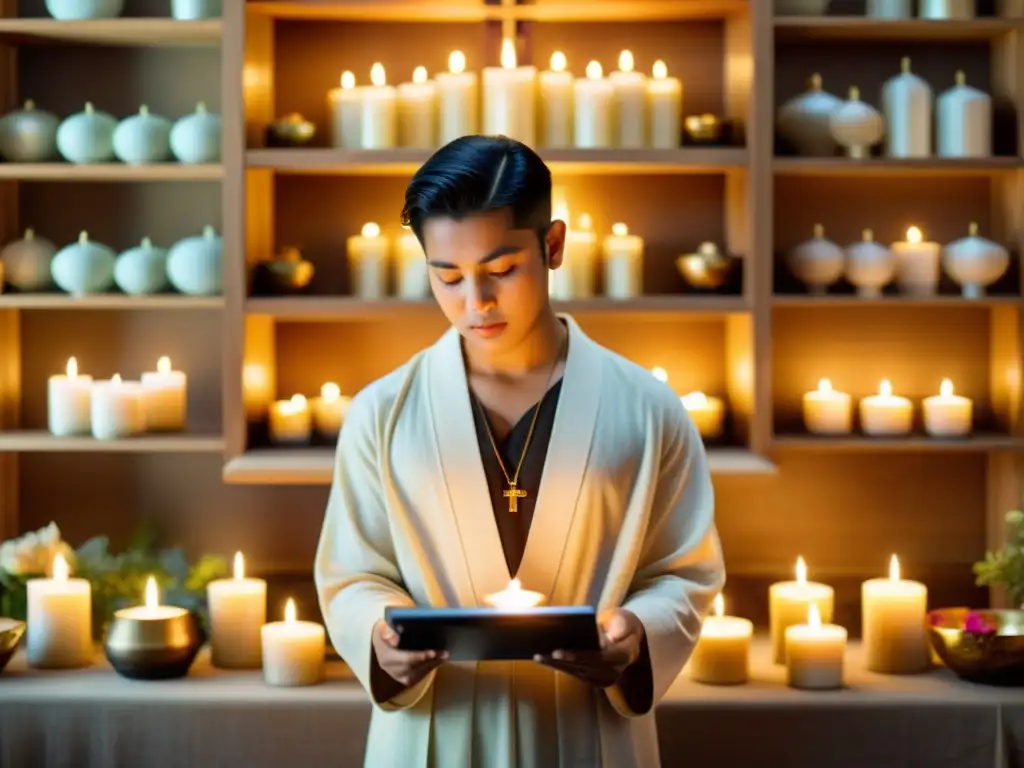 Una persona organiza un ritual religioso con aplicaciones digitales, rodeada de velas e incienso, creando una atmósfera serena y espiritual