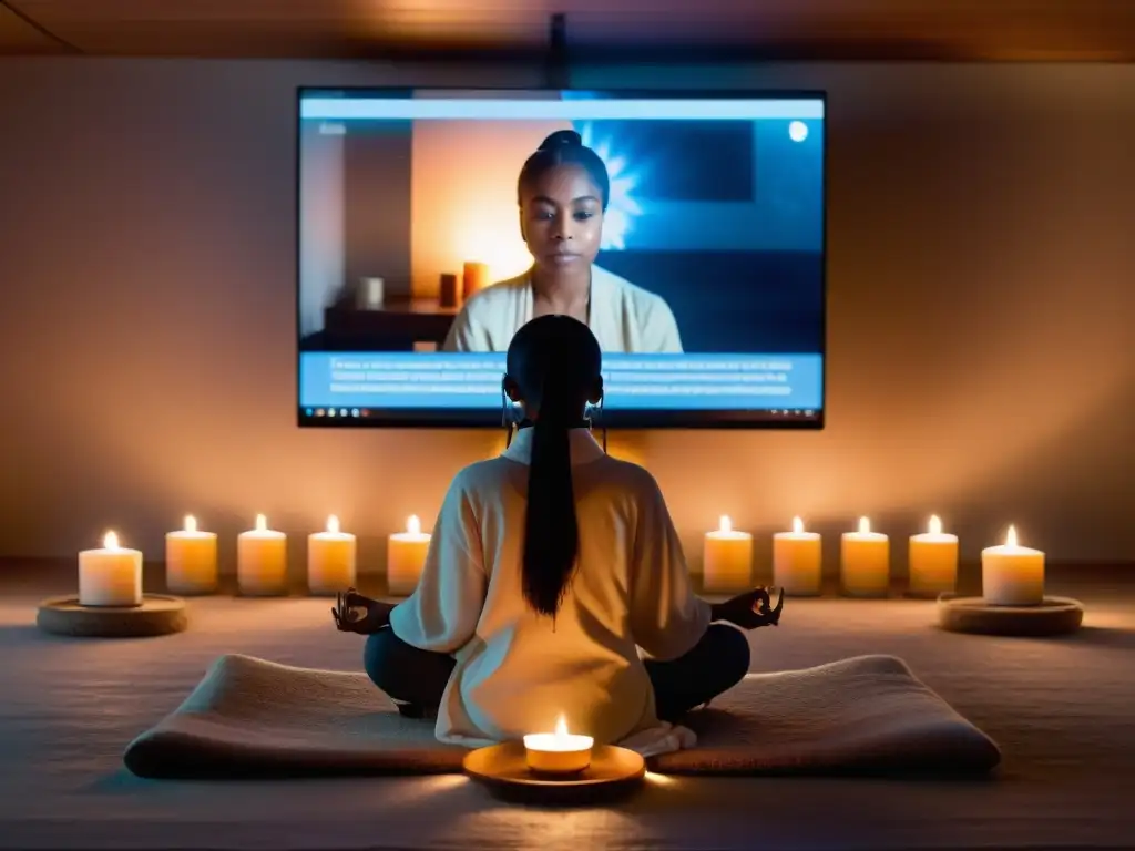 Persona guía en ritual de transmisión en vivo, rodeada de velas e incienso en atmósfera serena y enfocada