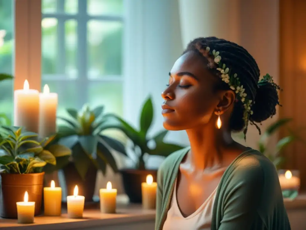 Una persona practica rituales de afirmaciones positivas en un ambiente tranquilo con plantas y velas, irradiando serenidad