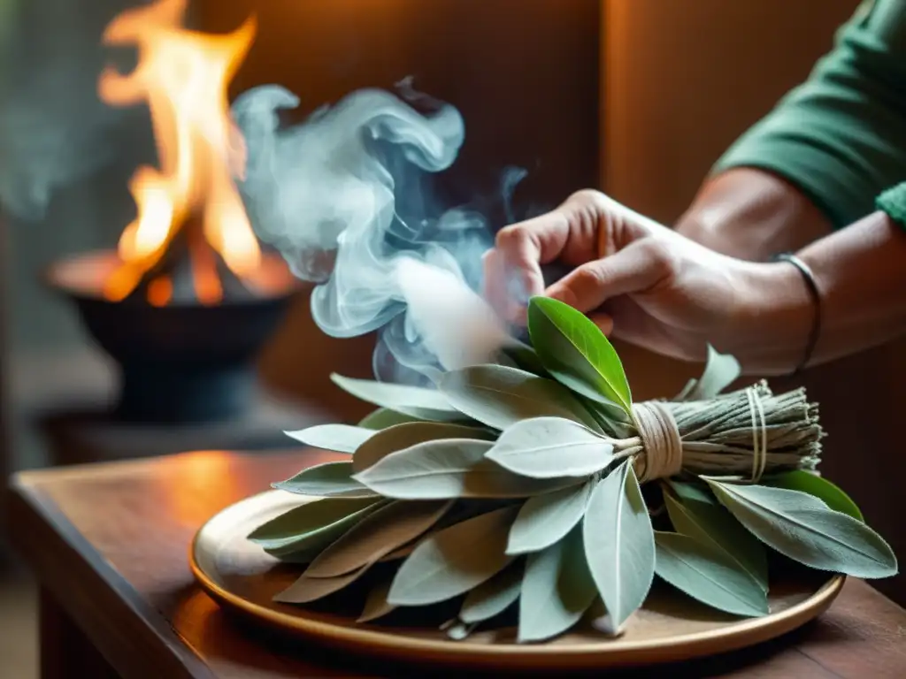 Persona realizando rituales de limpieza energética con salvia, el humo envolviéndola en un ambiente sereno y espiritual