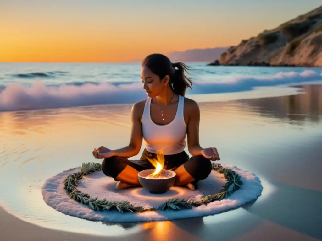 'Persona realizando rituales de limpieza energética con sal en la playa al atardecer'