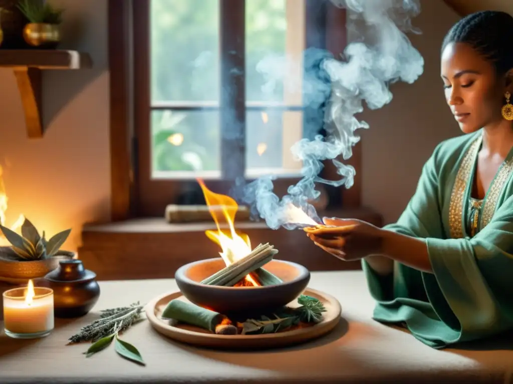 Persona realizando rituales de limpieza espiritual en un hogar, creando una atmósfera serena y reverente