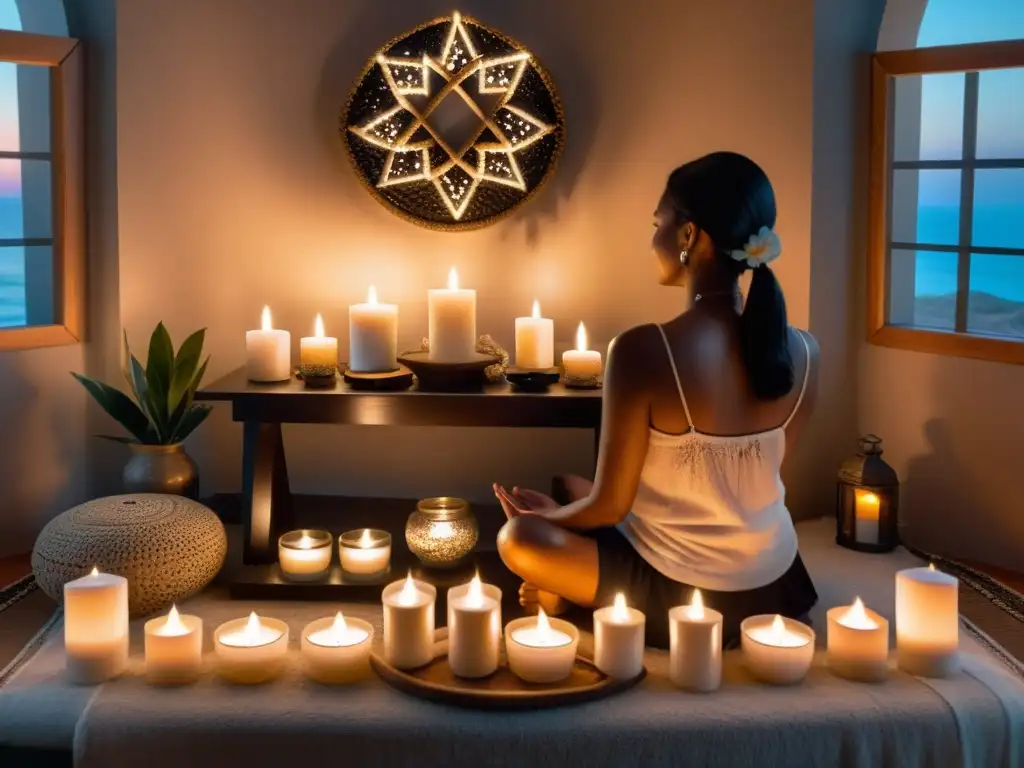 Persona realizando rituales para potenciar la manifestación en un ambiente tranquilo y místico con velas y cristales