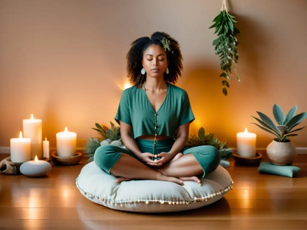 Persona meditando rodeada de cristales y objetos rituales en un ambiente tranquilo