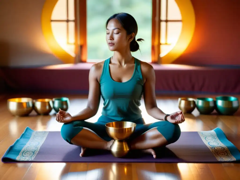 Persona meditando rodeada de cuencos tibetanos, transmitiendo serenidad y beneficios para la meditación