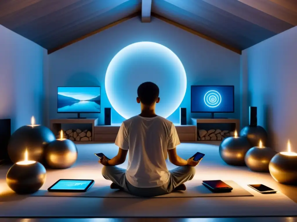 Persona en meditación rodeada de dispositivos digitales y aplicaciones para practicar rituales religiosos en un ambiente minimalista