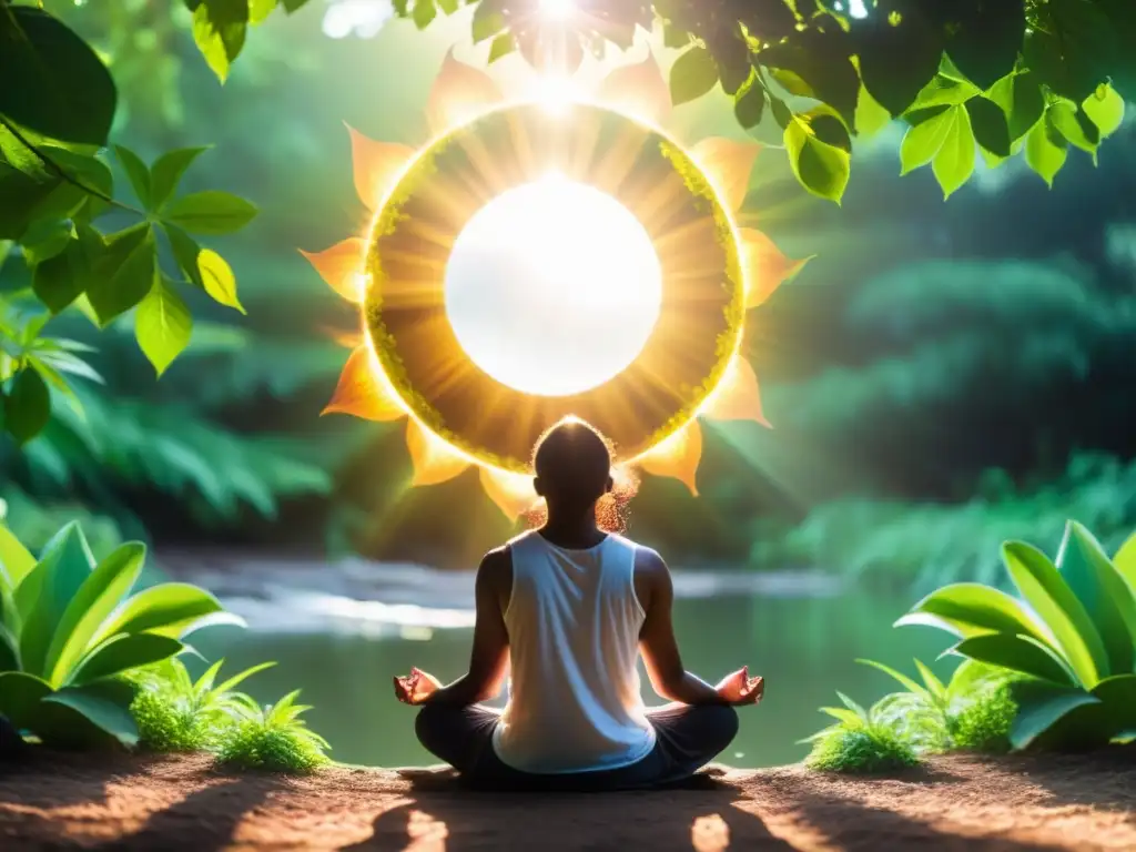 Persona en meditación, rodeada de naturaleza, con luz solar creando un halo