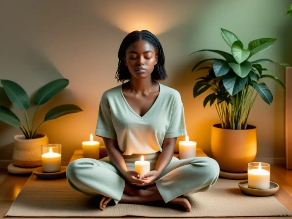 Persona en meditación, rodeada de plantas y velas