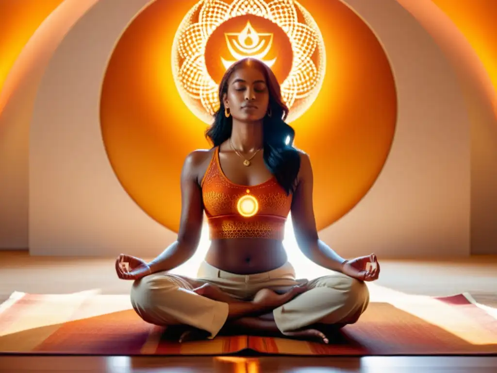 Persona en meditación, rodeada de tonos naranjas y dorados, simbolizando el chakra sacro y la serenidad