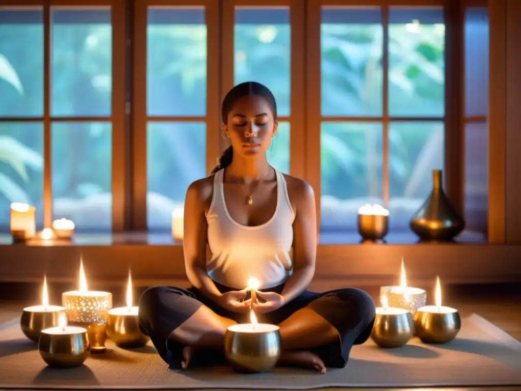 Persona en meditación rodeada de velas, cristales y cuencos, creando un ambiente de tranquilidad espiritual