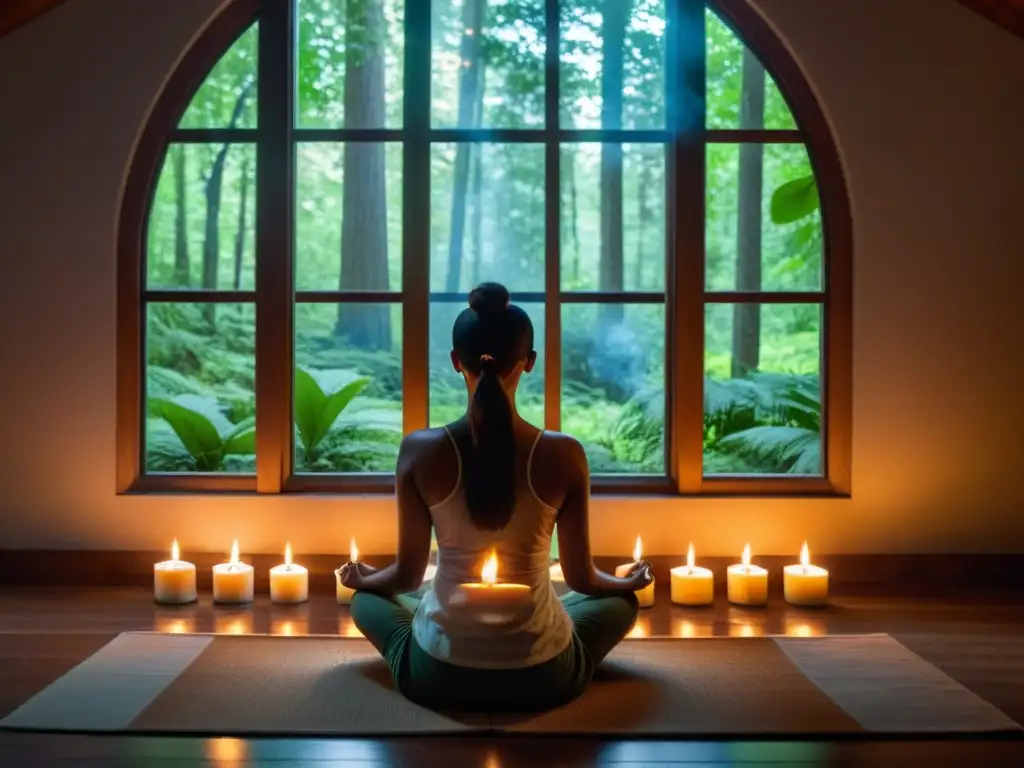 Persona en meditación rodeada de velas e incienso, practicando rituales de imaginación activa en habitación serena con vista al bosque