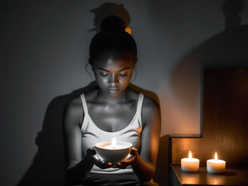 Persona en meditación, rodeada de velas, con los ojos cerrados