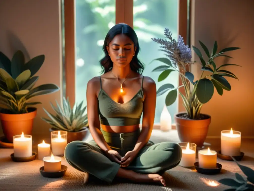 Persona en meditación rodeada de velas, salvia y plantas en un ambiente iluminado por luz natural