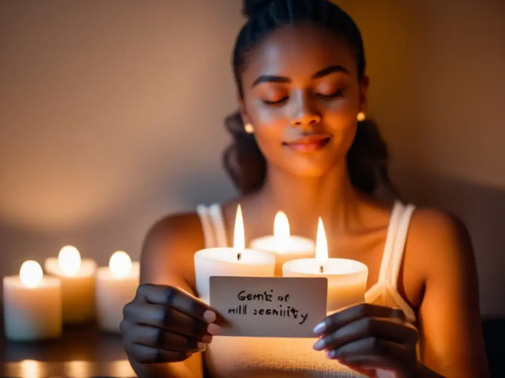 Persona en meditación, rodeada de velas, sosteniendo una tarjeta con afirmación positiva