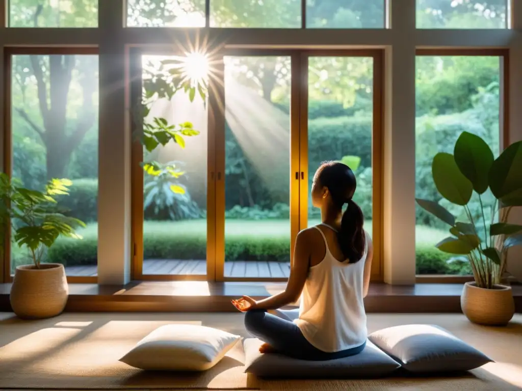 Persona meditando en sala iluminada por luz suave, con ventana al jardín