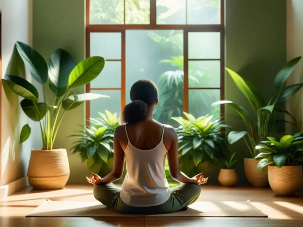 Persona meditando en sala soleada rodeada de plantas, en atmósfera de calma para Vipassana meditación ritual purificación mental