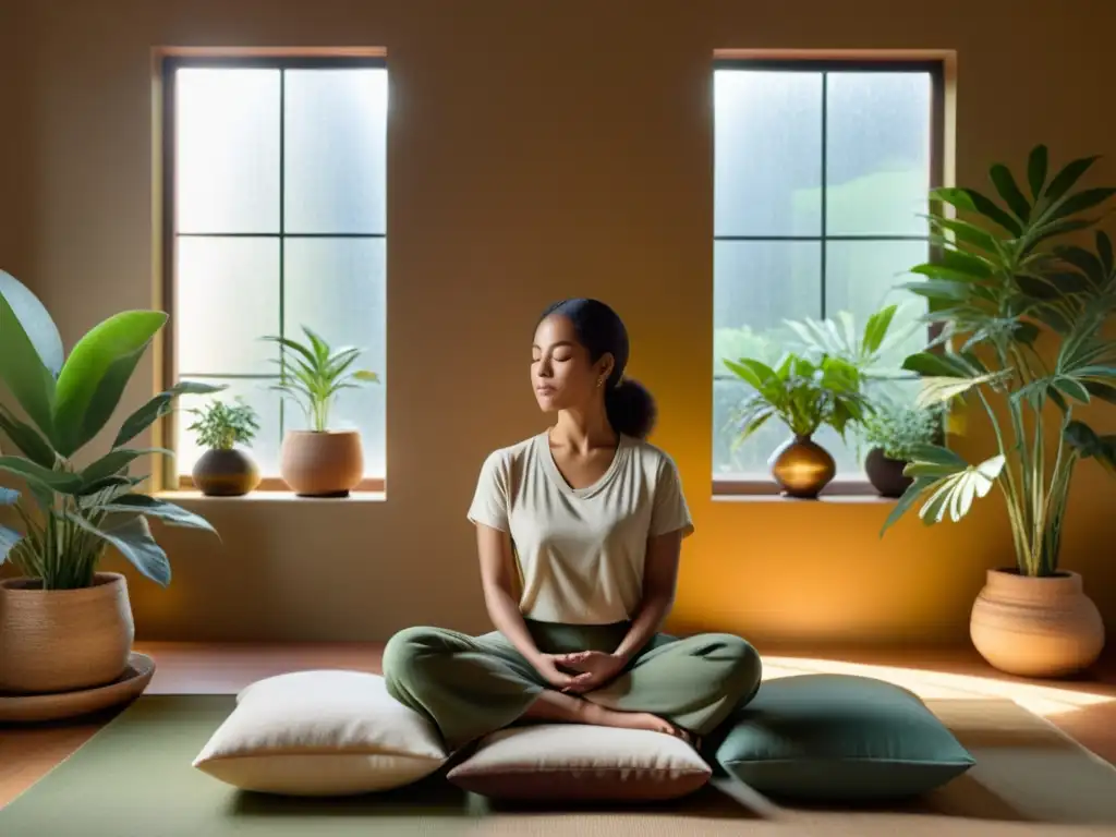 Persona en meditación serena en habitación iluminada por luz dorada, rodeada de plantas