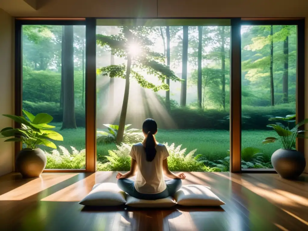 Persona en meditación en habitación serena con vista a bosque